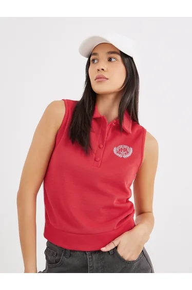 Embroidered Sleeveless Knit Polo Neck Top