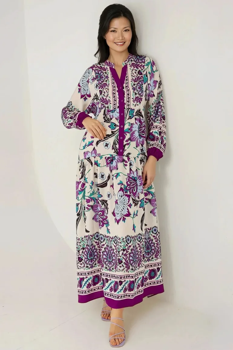 Printed Long Sleeve Viscose Maxi Dress - 3
