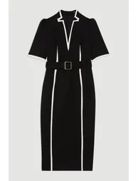 Compact Stretch Contrast Tipped Forever Belted Tailored Midi Dress - 3