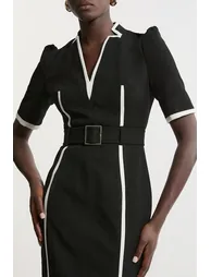 Compact Stretch Contrast Tipped Forever Belted Tailored Midi Dress - 2