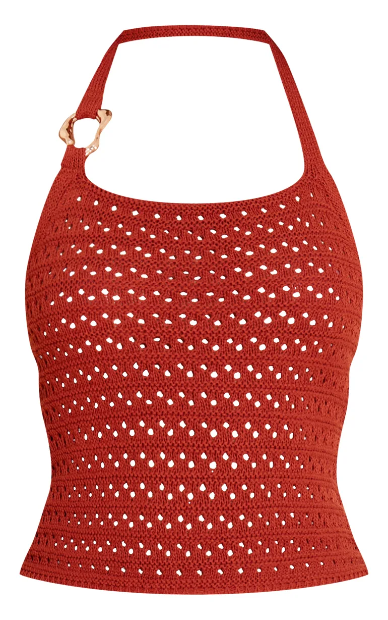 Rust Crochet Trim Detail Halter Top - 4
