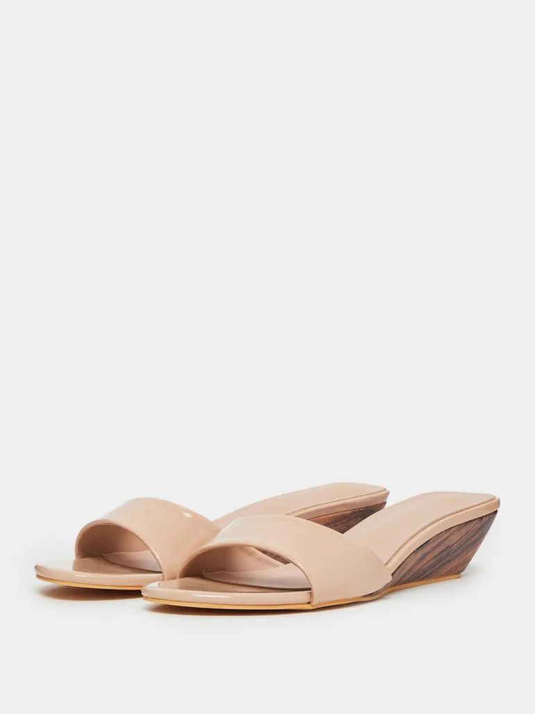 Beige Patent Low Wedge Heel Mules - 1