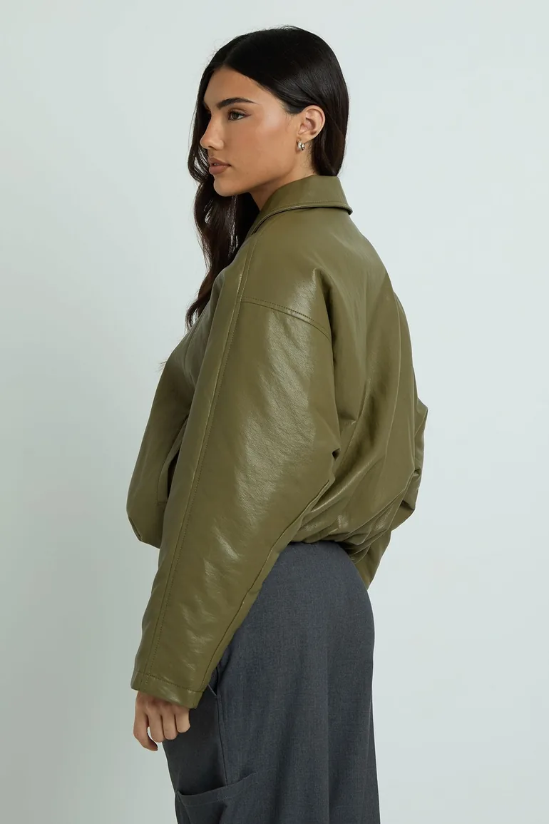 Faux Leather Padded Bomber Jacket - olive - 2