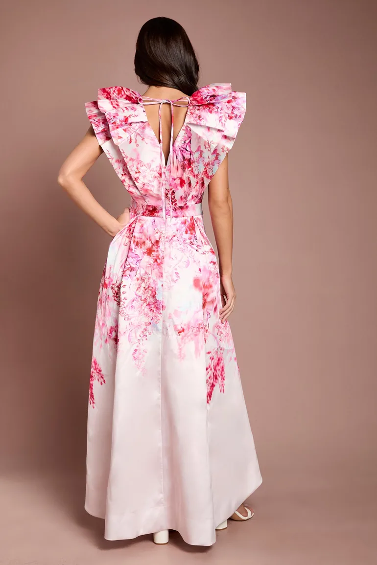 Printed Frill Sleeve V Neck Midi Dress - 2