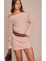 Taupe Brushed Long Sleeve V Neck Mini Dress - 1