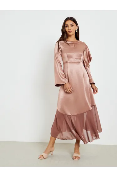 Women Pink Satin Maxi Dress with Long Sleeves