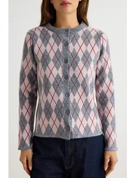Gray Woolen Argyle/Plaid Pattern Crew Neck Knitwear Cardigan - 3