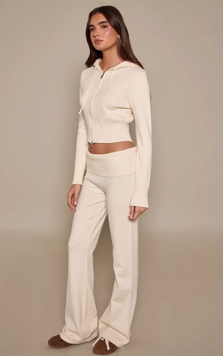 Cream Fold Over Waist Band Flared Knitted Trousers - 1