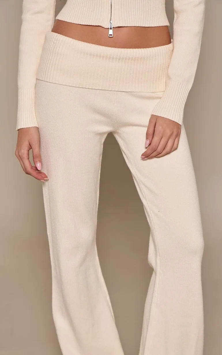 Cream Fold Over Waist Band Flared Knitted Trousers - 3