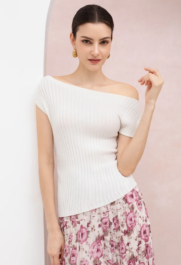 Short Sleeve Asymmetric Ribbed Knit Top in White for Office Wear & Brunch Dates - 2