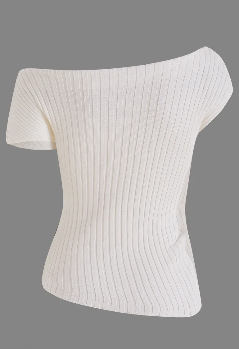 Short Sleeve Asymmetric Ribbed Knit Top in White for Office Wear & Brunch Dates - 7