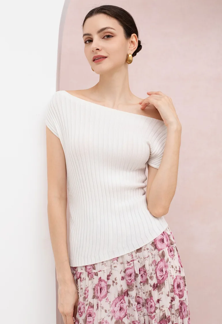 Short Sleeve Asymmetric Ribbed Knit Top in White for Office Wear & Brunch Dates - 1