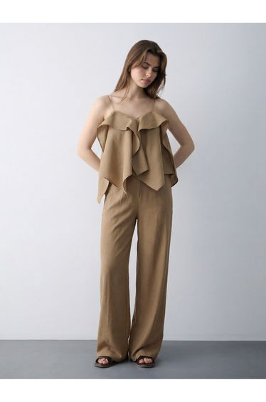 Khaki Thin Strap Ruffle Woven Blouse Pants Bottom - Top Set product thumbnail 2