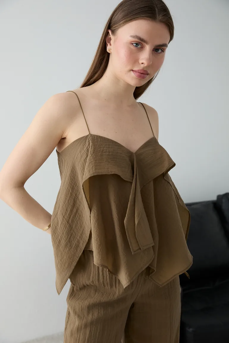 Khaki Thin Strap Ruffle Woven Blouse Pants Bottom - Top Set - 4