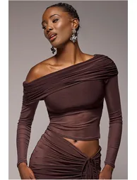 Gathered Bardot Asymmetric Mesh Panel Top - Brown by Goddiva