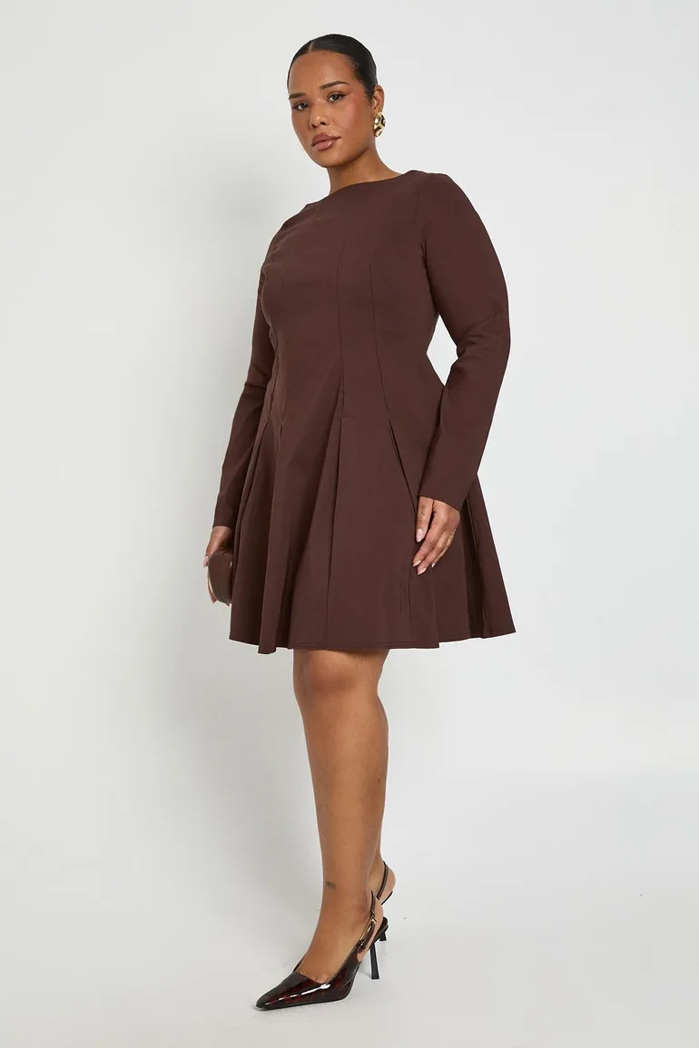 Plus Bengaline Pleated Long Sleeve Skater Dress - chocolate - 2