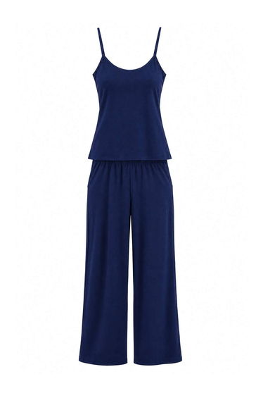 Navy Blue 3-Piece Viscose Robe+Undershirt+Pants Knitted Pajama Set product thumbnail 3