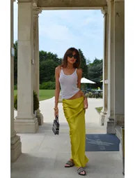 Chartreuse Satin Bias-Cut Midi-Skirt