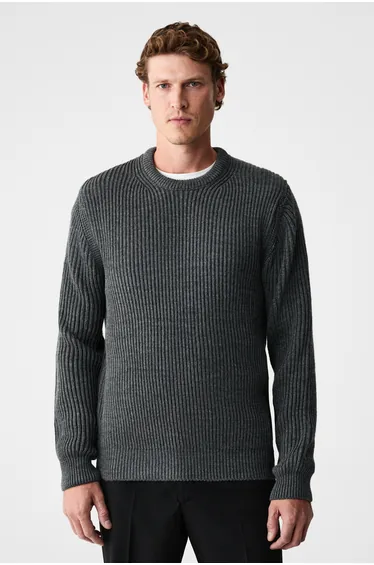 GRIMELANGE CABLIN Men's Crew Neck Regular Fit Knit Anthracite Melange Sweater