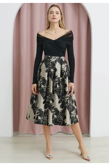 Off-Shoulder Mesh Spliced Knit Top in Black