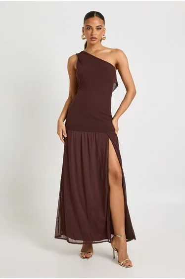 One Shoulder Cowl Back Drop Waist Maxi Dress - chocolate