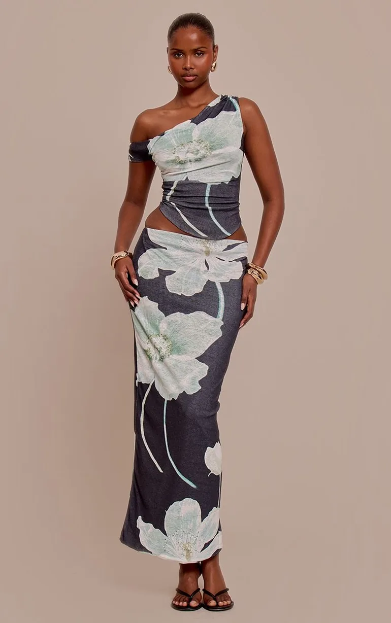 Black Floral Print Onion Skin Low Rise Maxi Skirt - 5