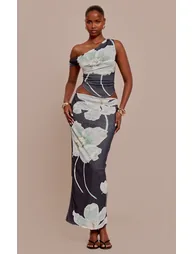 Black Floral Print Onion Skin Low Rise Maxi Skirt