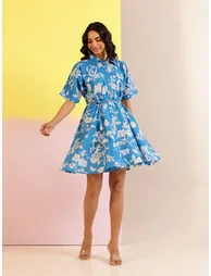 Blue Floral Print Collared Cotton A-Line Mini Dress