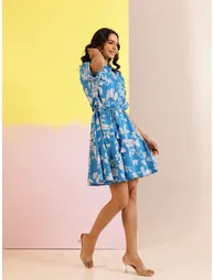 Blue Floral Print Collared Cotton A-Line Mini Dress - 2