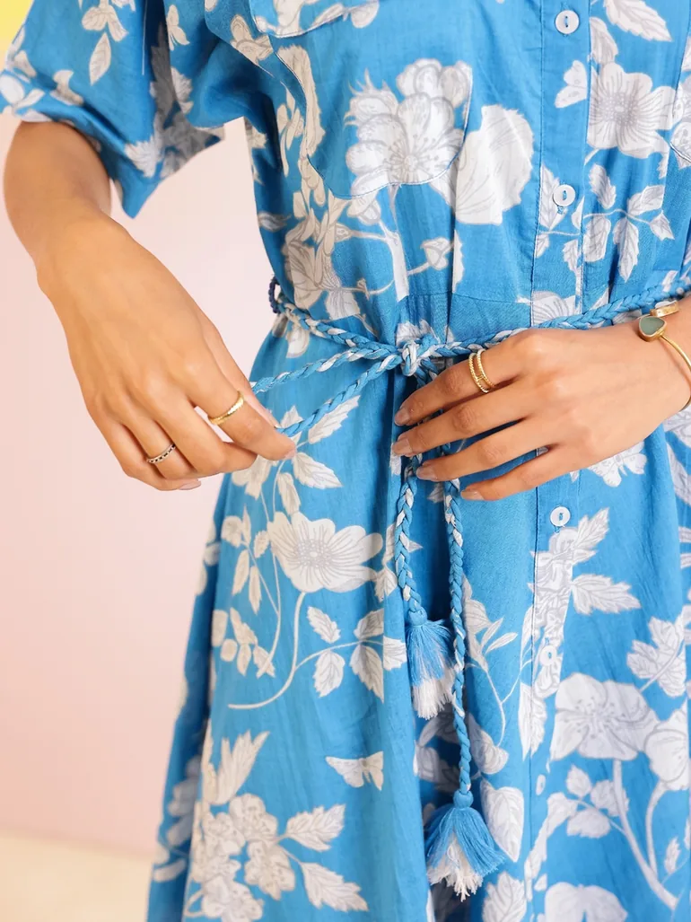Blue Floral Print Collared Cotton A-Line Mini Dress - 4