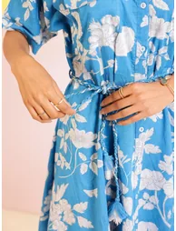 Blue Floral Print Collared Cotton A-Line Mini Dress - 4
