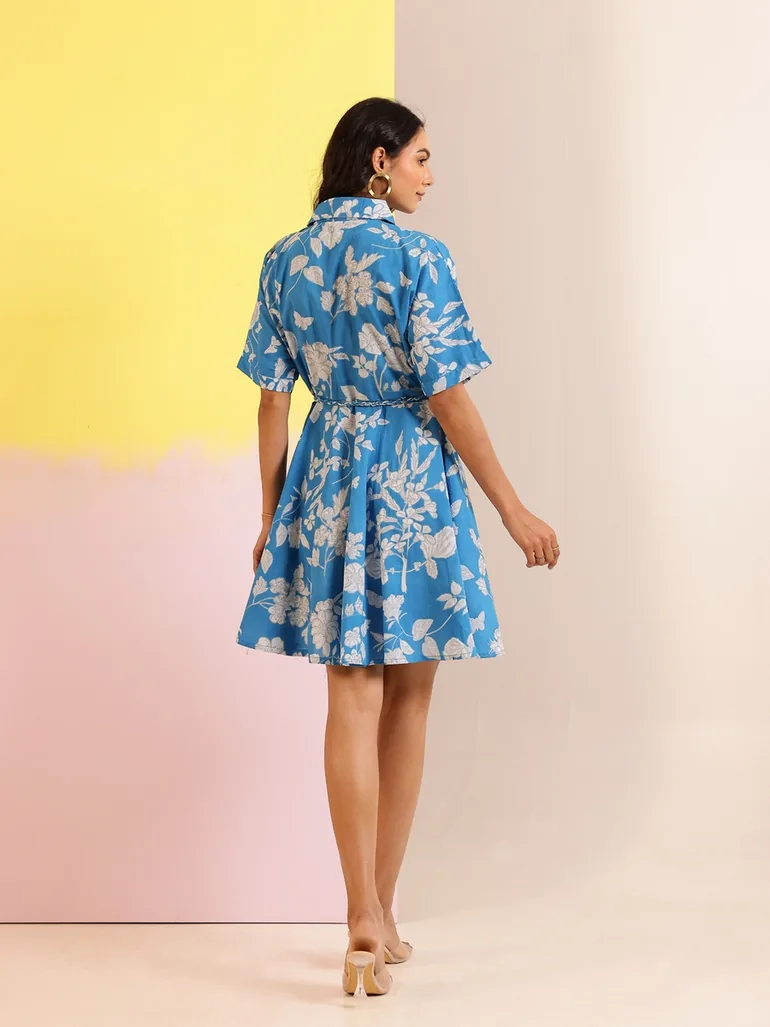 Blue Floral Print Collared Cotton A-Line Mini Dress - 1