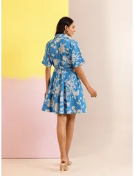 Blue Floral Print Collared Cotton A-Line Mini Dress - 1