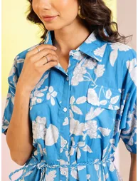 Blue Floral Print Collared Cotton A-Line Mini Dress - 3