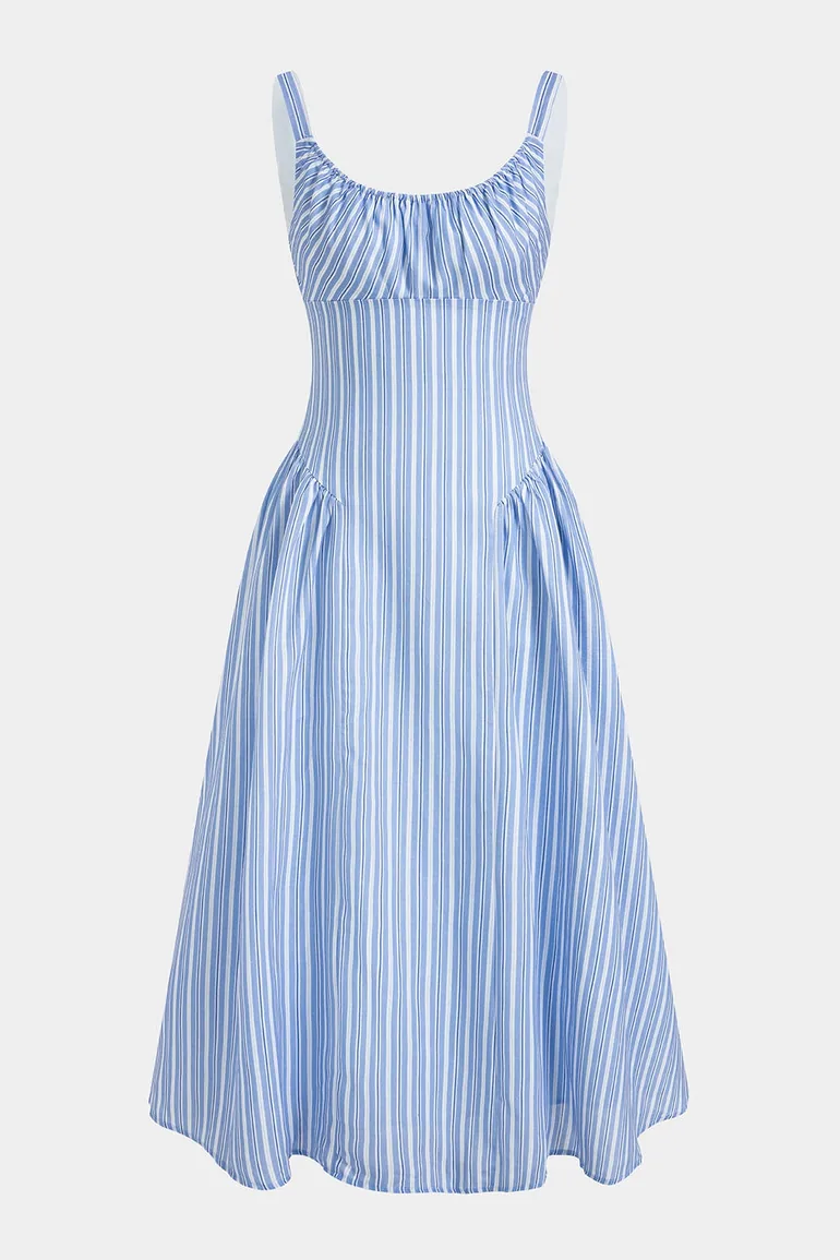 Stripes Print Round Neck Pocket Sleeveless Maxi Dress - 1