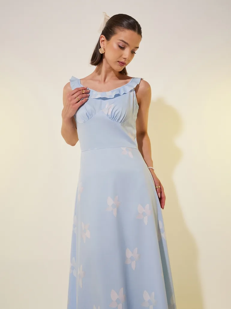 All Over Print Ruffle Trim A-Line Maxi Dress - 3