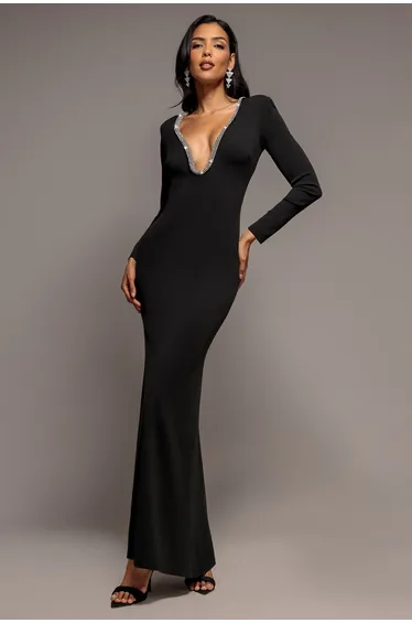 Diamante Embellished Neck Bodycon Maxi Dress - Black by Goddiva