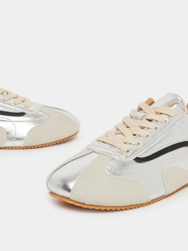 Silver Metallic Retro Lace Up Sneakers - 2