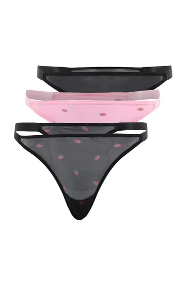Black-Multicolor 3-Pack Tulle Strawberry Printed Thong Panties