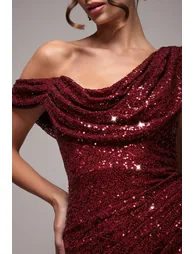Goddiva Sequin Cowl One Shoulder Maxi- Wine - 2