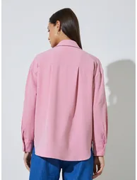 Pink Solid Longline Oversized Shirt with Smocked Top - 5