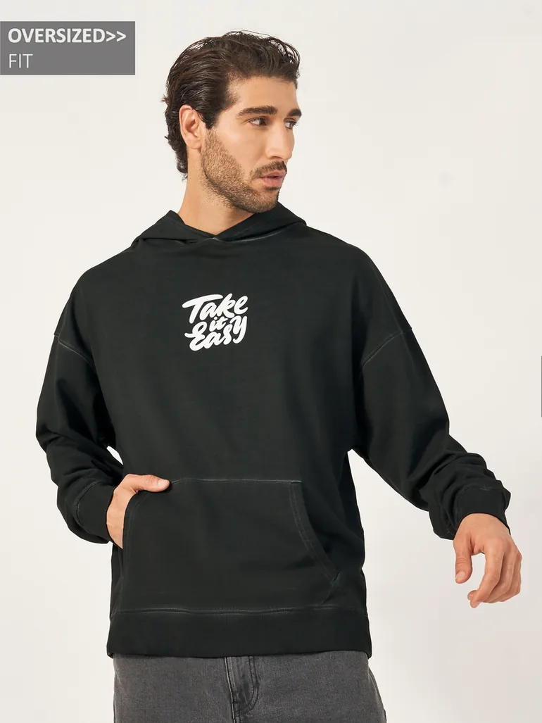 Acid Washed Slogan Print Oversized Hoodie - 1