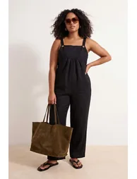 Black Gilet Form Linen Look Wide Leg Woven Jumpsuit