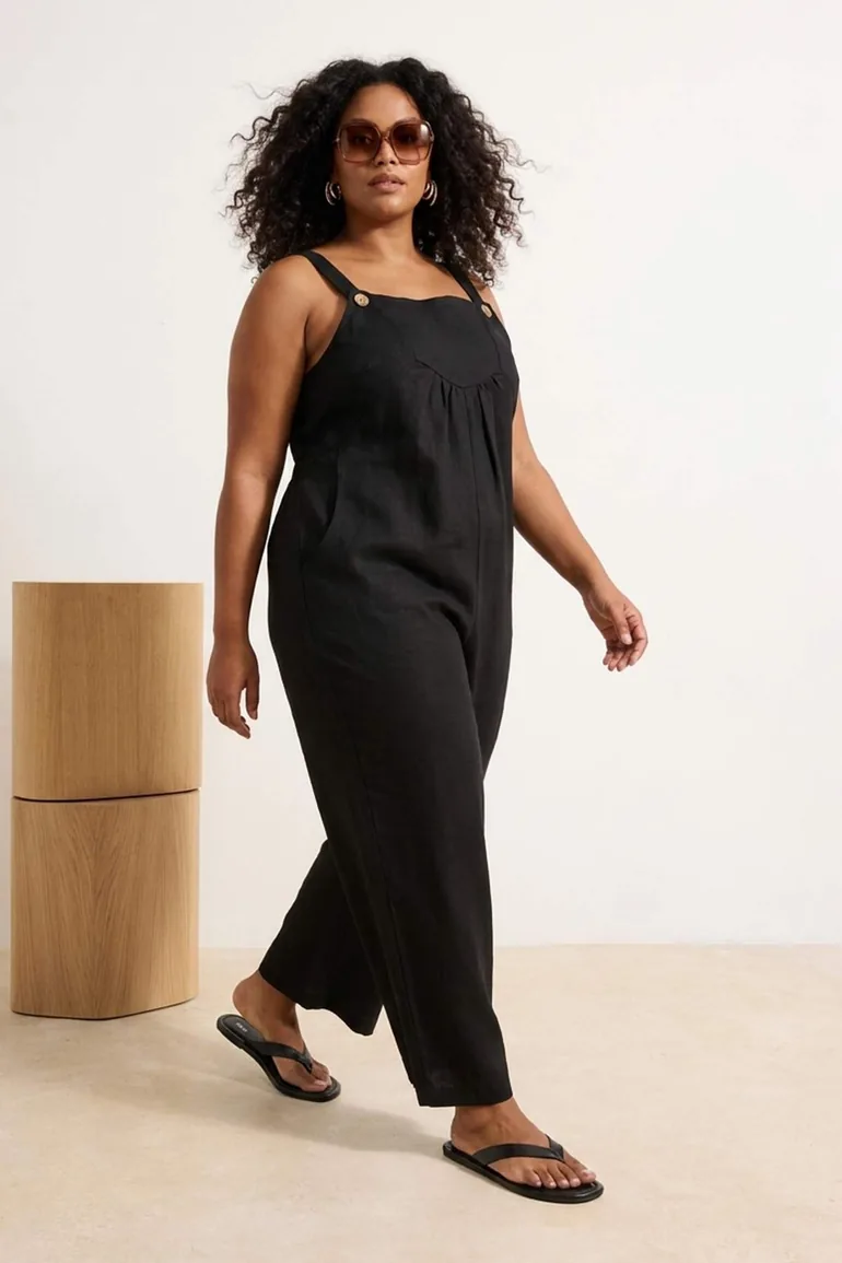 Black Gilet Form Linen Look Wide Leg Woven Jumpsuit - 1