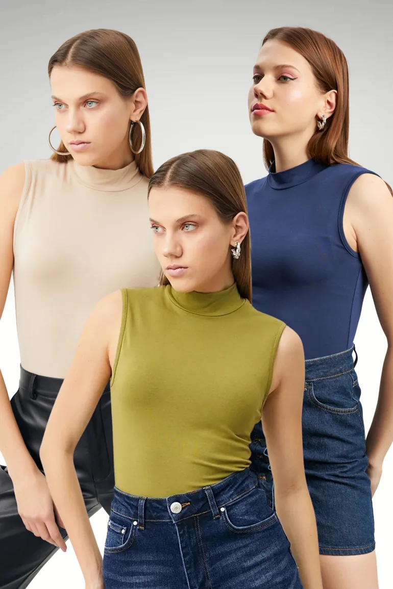 BIPANTOLON Women's 3-Pack Ribbed Half Turtleneck Bodysuits