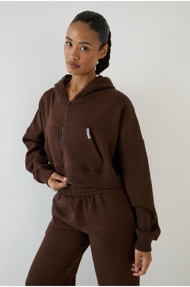 Boxy Crop Zip Through Hoodie - dark chocolate