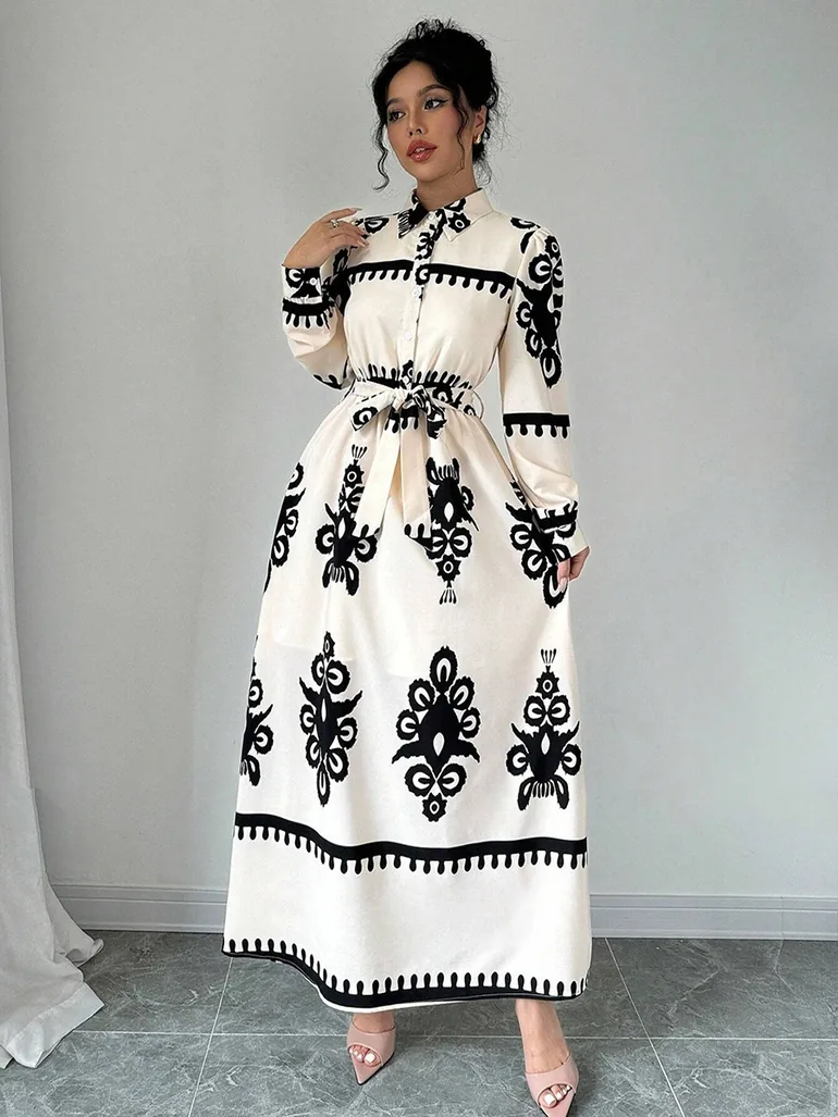 Women Graphic Belted Button Front Maxi Dress - 1