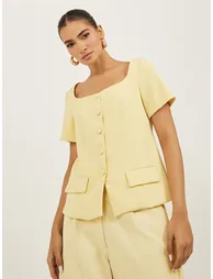 Solid Square Neck Tailored Top with Front Button - 1