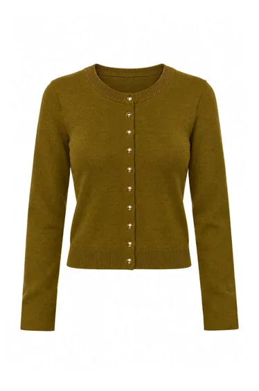 Wardrobe Essentials Oil Green Button Detailed Cotton Basic Knitwear Cardigan
