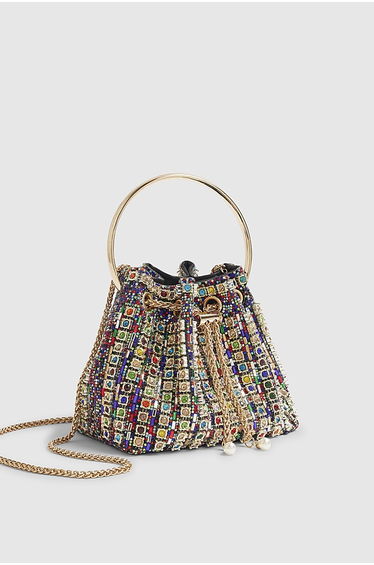 Gold Multicoloured Gem Bucket Clutch Bag